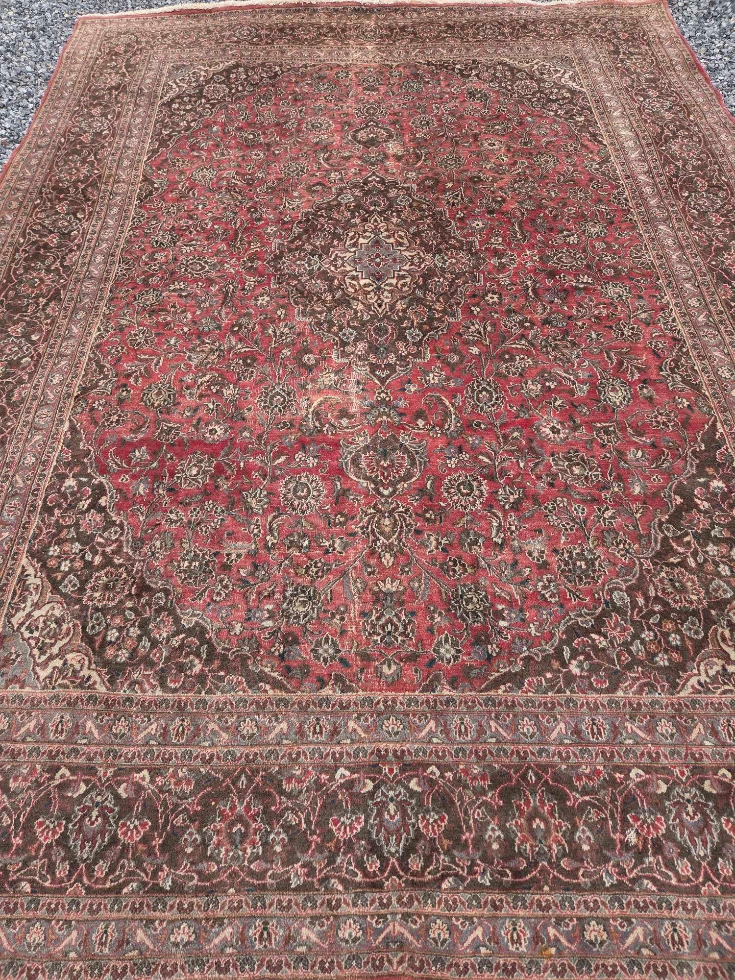 LARGE VINTAGE PERSIAN KASHAN STYLE WOOL AREA RUG, 12’-10?? X 9’-7: Large hand-knotted room-size wool pile carpet woven in a classic Persian style, composed of an intricate central diamond medallion enveloped by a dense, repeating floral shah abbas palmette and scroll