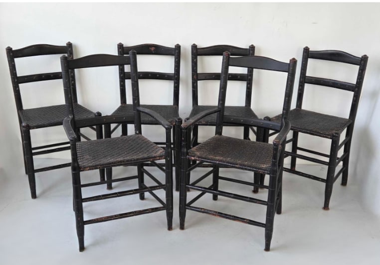 SET OF SIX ANTIQUE RUSH SEAT LADDER BACK CHAIRS WITH BRASS STAR DETAILS (1 of 20)