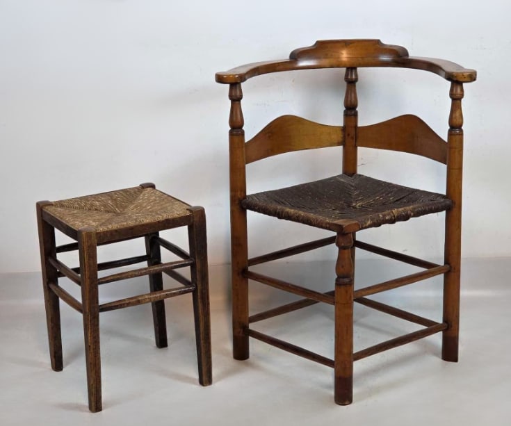 ANTIQUE RUSH SEAT CORNER CHAIR AND STOOL (1 of 16)