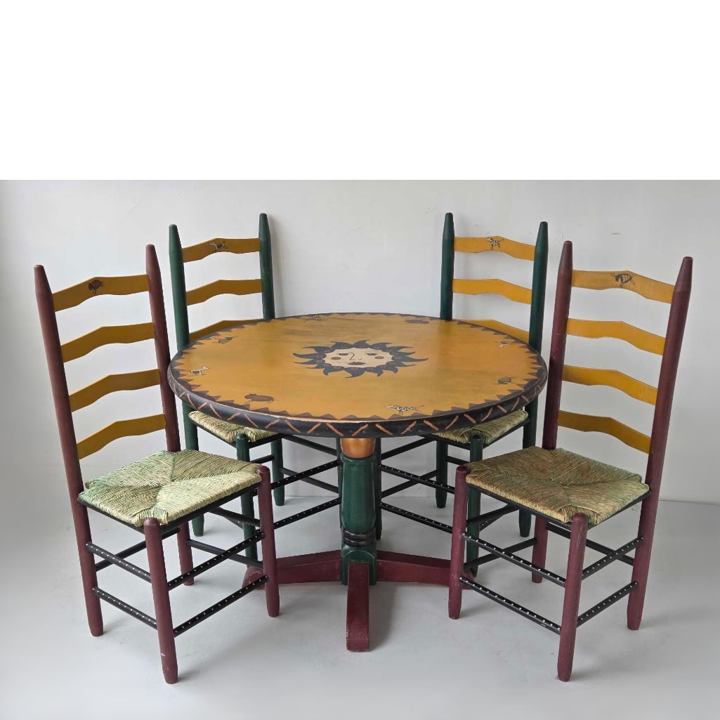HAND-PAINTED FOLK ART DINING TABLE AND FOUR LADDER-BACK CHAIRS (1 of 20)