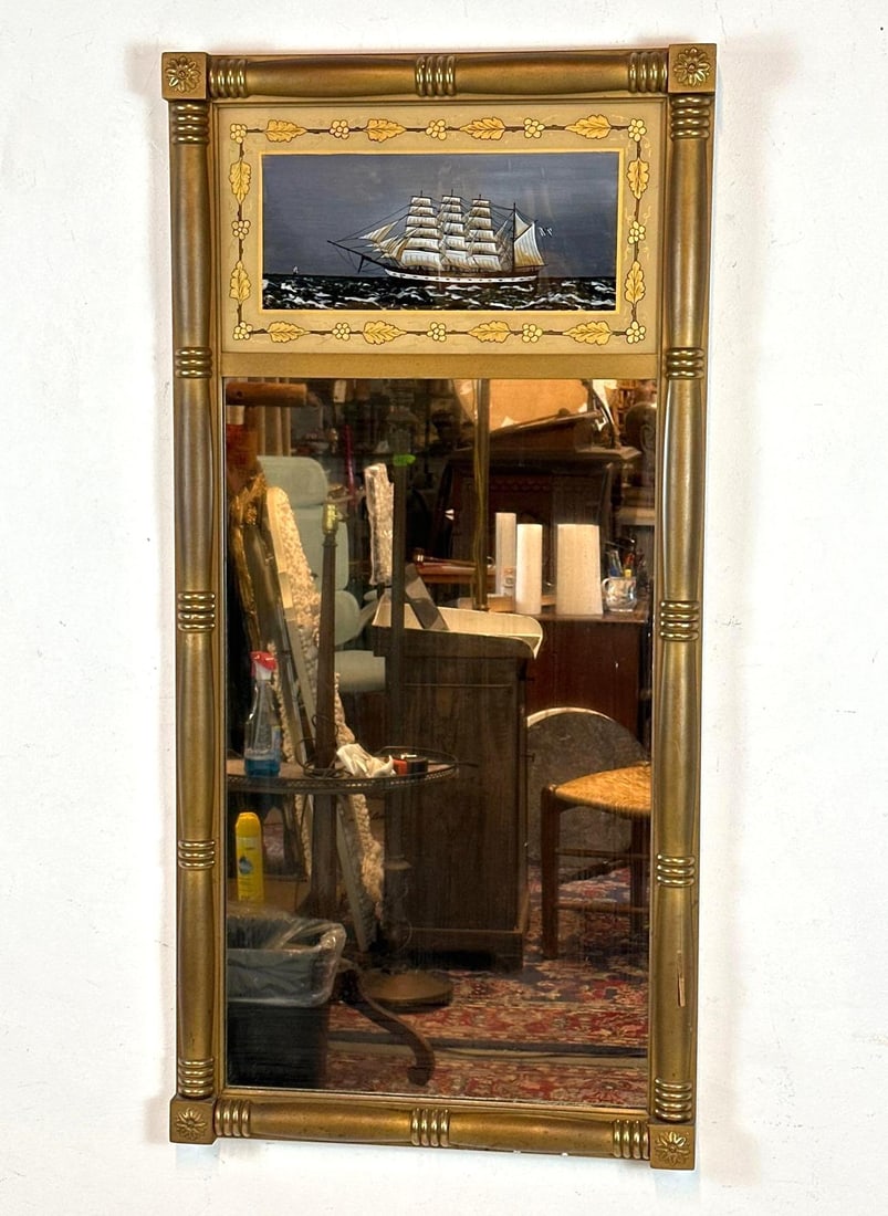 ANTIQUE AMERICAN FEDERAL GOLD LEAF CLIPPER SHIP REVERSE PAINTED TRUMEAU MIRROR (1 of 7)