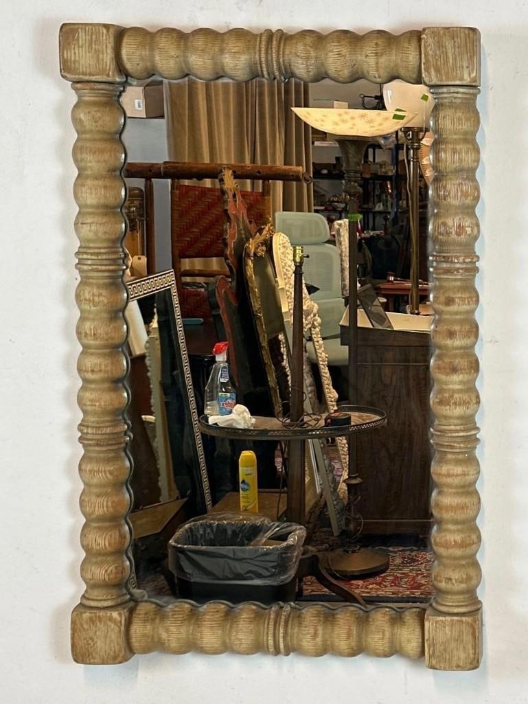 ANTIQUE SPANISH STYLE CARVED OAK BOBBIN TURNING WALL MIRROR (1 of 6)