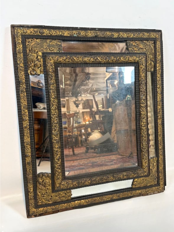 ANTIQUE FRENCH LOUIS XIV STYLE EBONIZED WOOD & REPOUSSÉ BRASS CUSHION MIRROR (1 of 9)