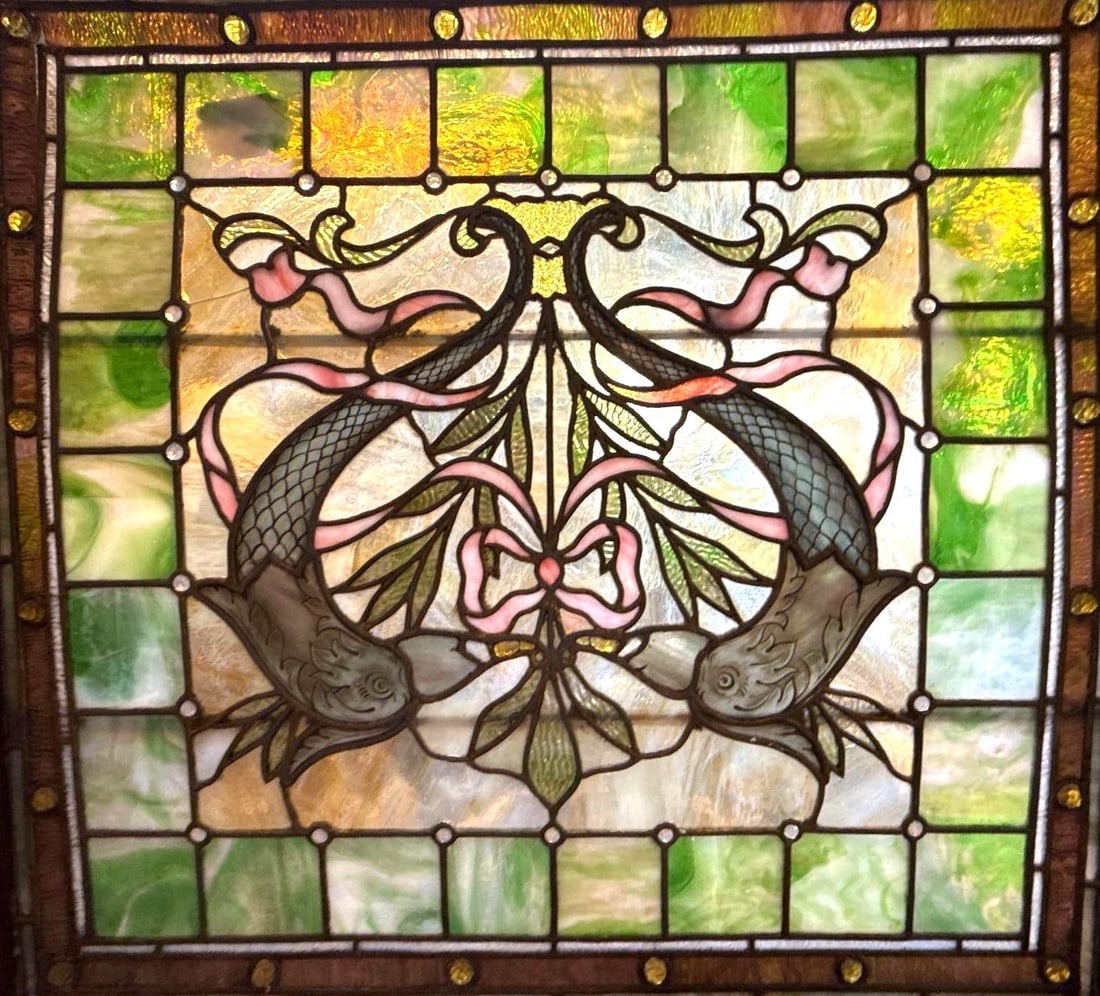 LARGE ANTIQUE ART NOUVEAU TIFFANY-STYLE STAINED GLASS WINDOW WITH FISH ACCENTS (1 of 10)