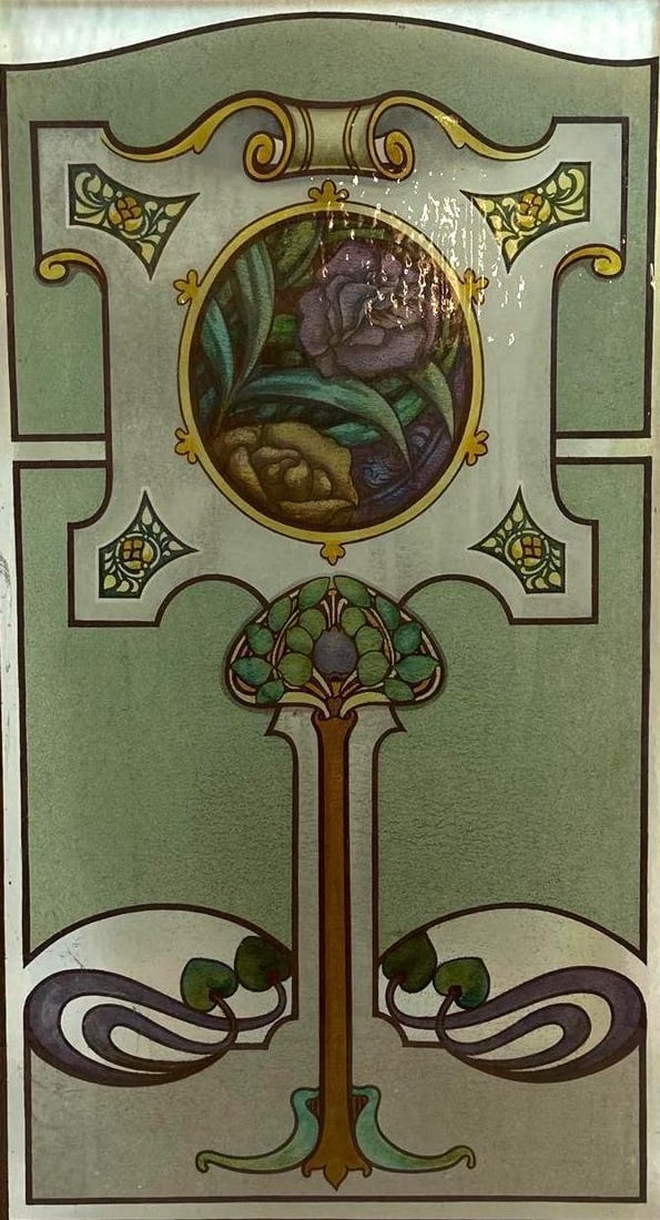 LARGE ANTIQUE ART NOUVEAU PAINTED AND STAINED RIPPLE GLASS WINDOW PANEL (1 of 9)