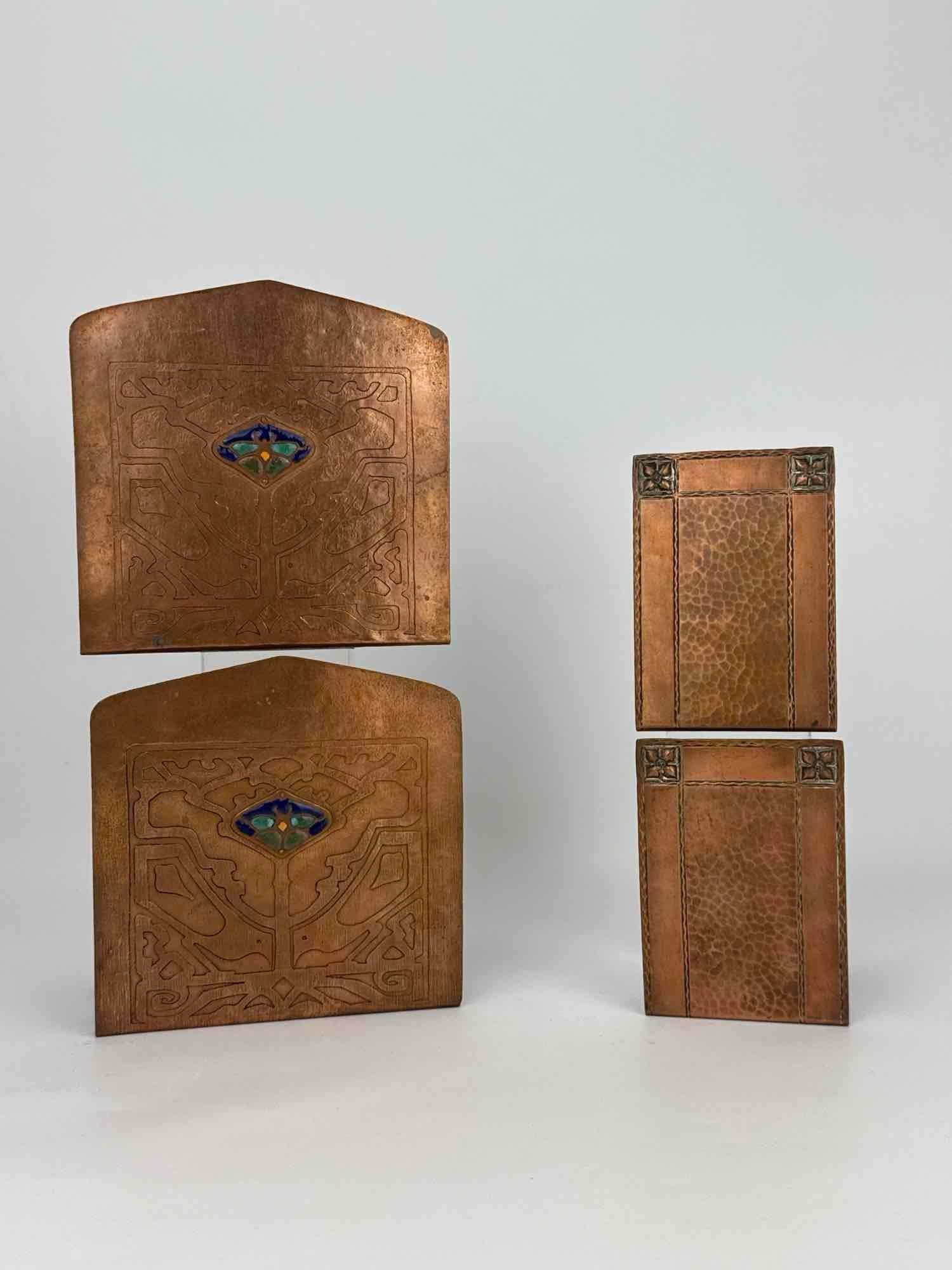 FOUR PIECE LOT OF ANTIQUE ARTS & CRAFTS ENAMELED AND HAMMERED COPPER BOOKENDS (1 of 10)