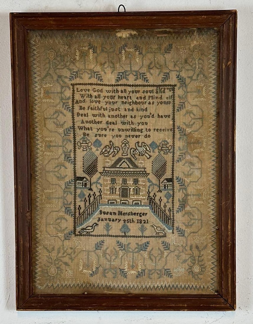 SUSAN HERSBERGER 1821 ANTIQUE PENNSYLVANIA PICTORIAL NEEDLEWORK SAMPLER (1 of 5)