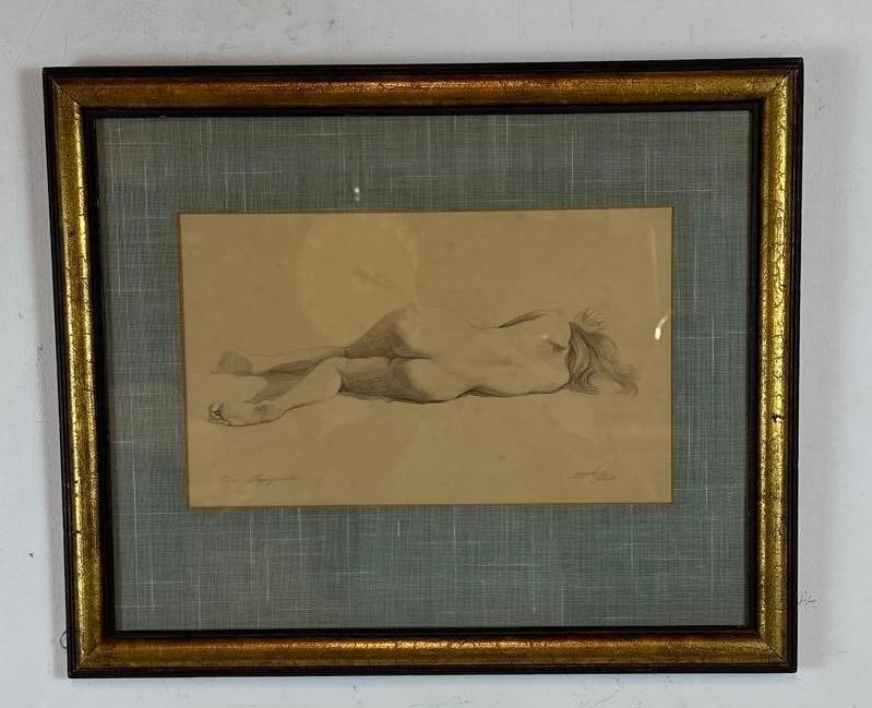 SHELLY FINK SIGNED LIMITED EDITION "SLEEPING NUDE" LITHOGRAPH: Detailed graphite-style monochrome lithograph of a reclining female figure seen from behind, pencil signed and numbered 105/125, presented in a gilded frame with a linen-textured mat. Approximate