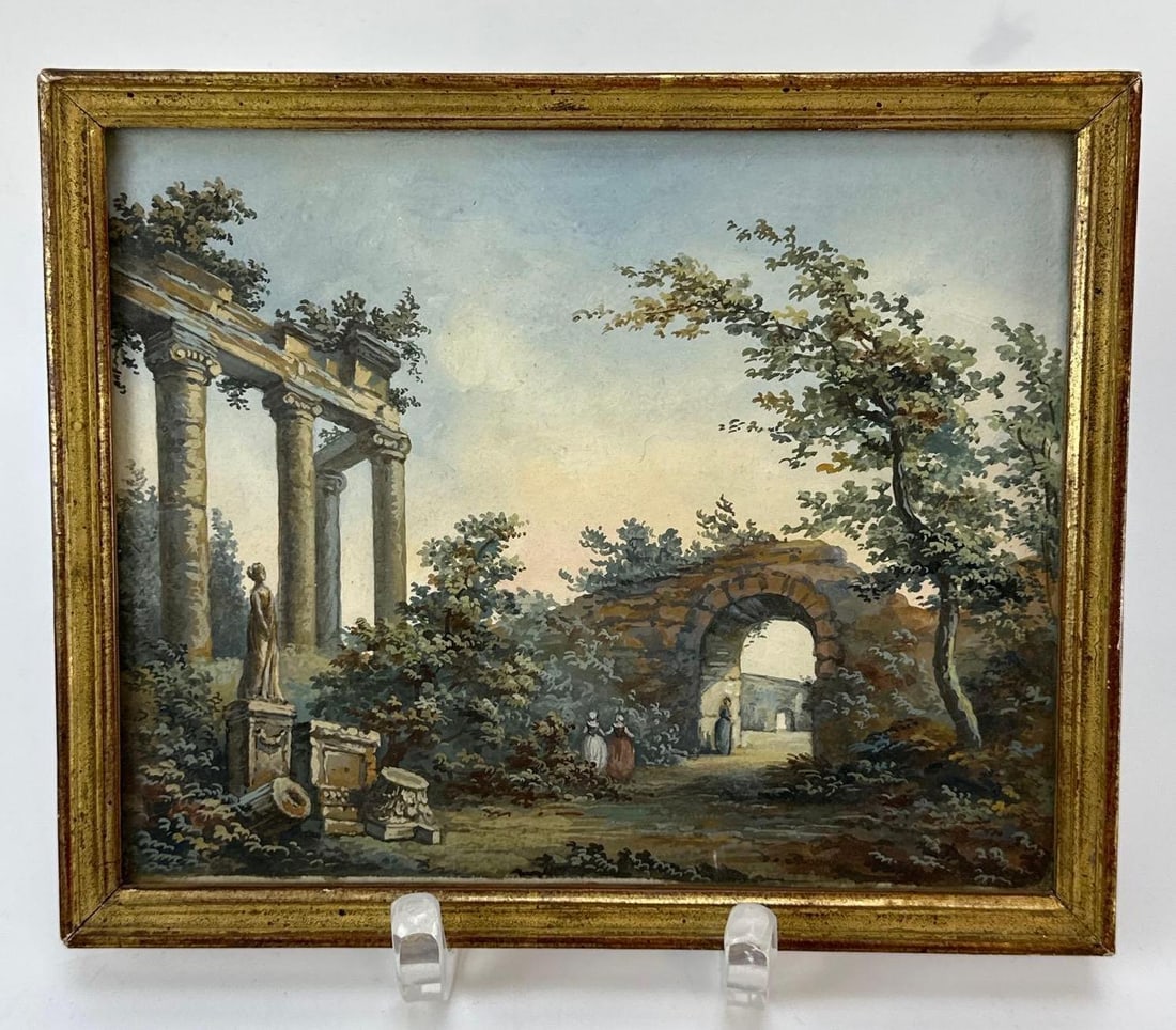 18TH CENTURY HUBERT ROBERT STYLE GRAND TOUR CLASSICAL RUINS WATERCOLOR PAINTING: Antique 18th or 19th-century European watercolor painting on paper depicting classical Roman architectural ruins with figures near an archway, housed in a giltwood frame. Approximate Dimensions: 5.75&