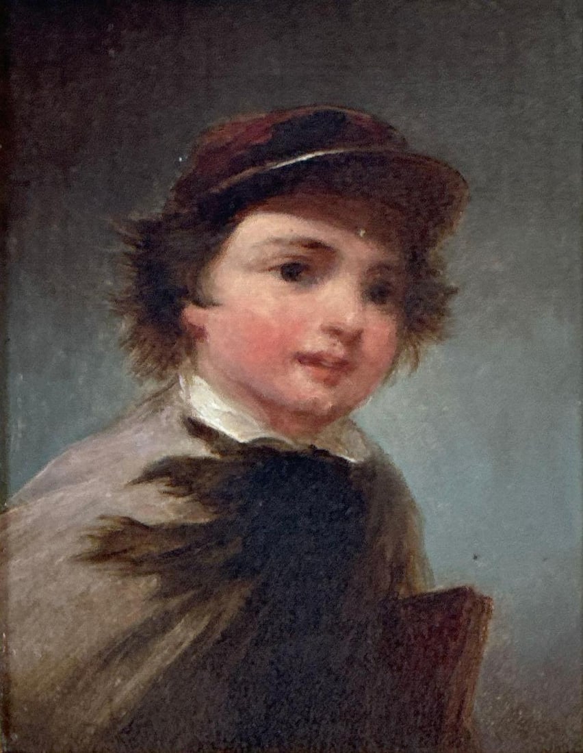 19TH CENTURY MONOGRAMMED "JWC" PORTRAIT OF A BOY OIL PAINTING JAMRES WELL CHAMPNEY ATTR.: Antique 19th-century oil on canvas portrait depicting a young boy in a dark jacket with a white collar, presented in a heavily carved gilt frame. Approximate Dimensions: 7” x 5.5”; Frame