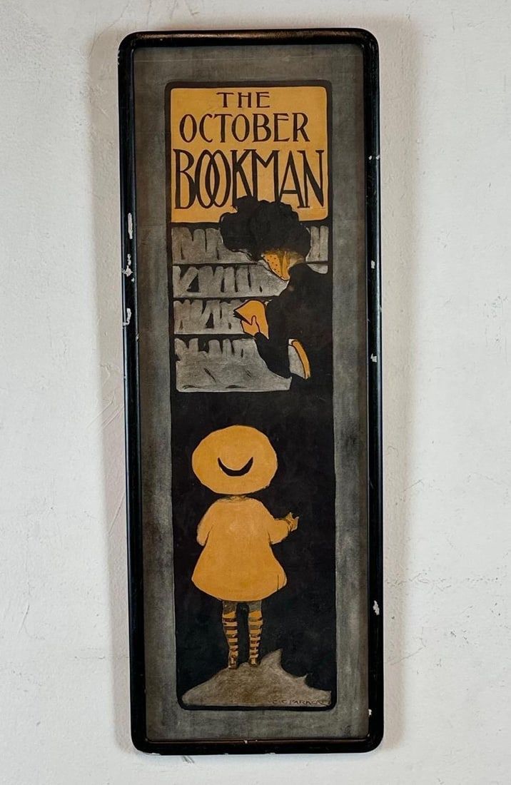 E.C. PARKER ANTIQUE ART NOUVEAU "THE OCTOBER BOOKMAN" LITERARY POSTER: Turn-of-the-century tall vertical lithographic advertisement featuring an Art Nouveau silhouette of a woman in a library and a child in a yellow coat standing before a black background. Approximate