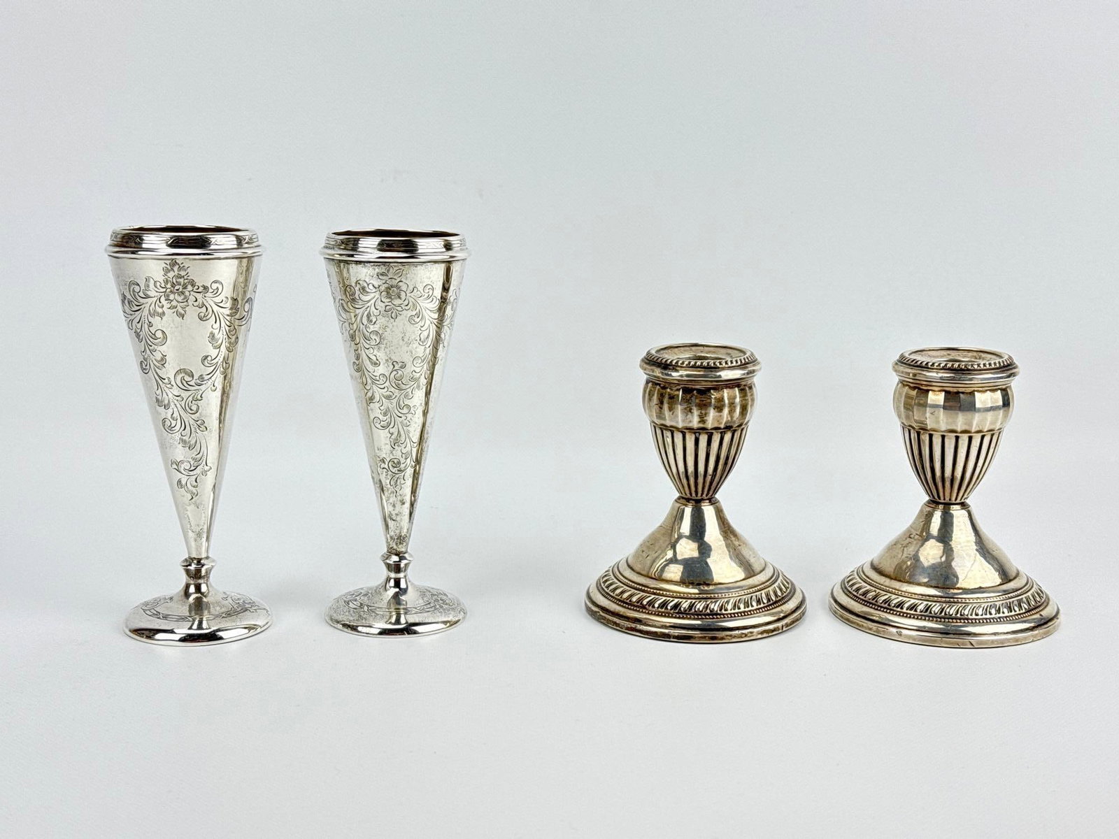PAIR OF WEIGHTED SILVER CANDLESTICKS AND PAIR OF STERLING SILVER VASES (1 of 7)
