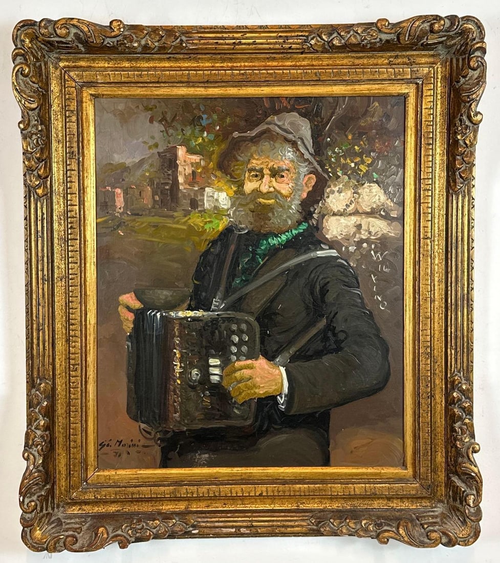 SIGNED MORINI OIL ON CANVAS ACCORDION PLAYER PAINTING (1 of 7)