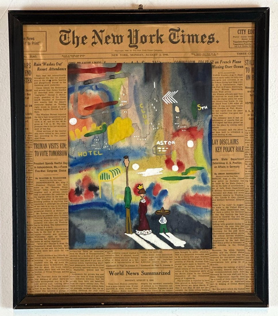 VINTAGE MID-CENTURY MODERN MIXED MEDIA COLLAGE W/ NEW YORK TIMES 1948 (1 of 6)
