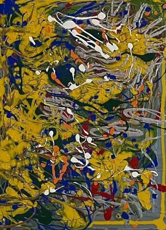 JULIA OLAR SIGNED CONTEMPORARY ABSTRACT DRIP PAINTING DATED 2009: *Vibrant gestural abstraction in yellow and primary tones featuring thick impasto and rhythmic drip techniques within a cloud-mottled frame. Dimensions: 12" x 16";Frame 18" x 22" Artis