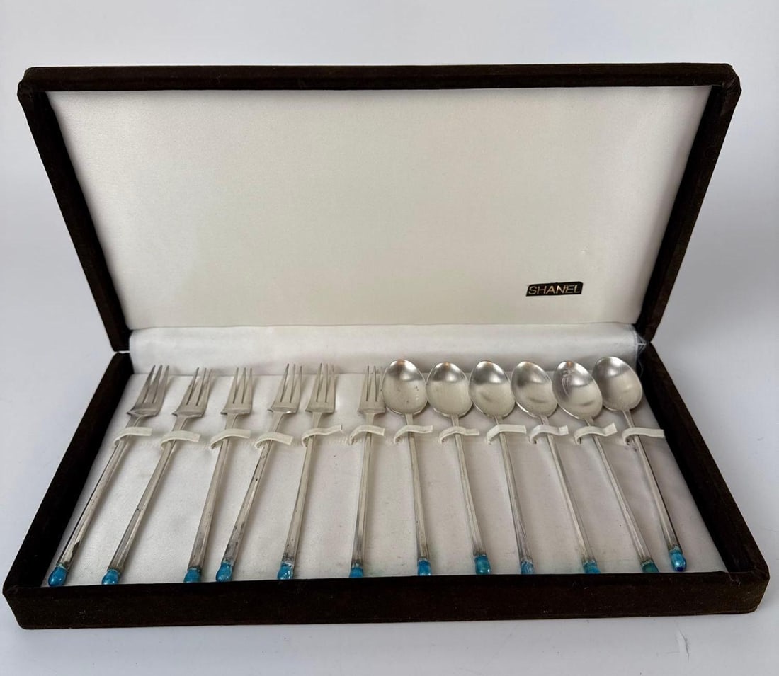 SHANEL TURQUOISE ENAMEL AND SILVER TONE 12PC CAKE FORK AND SPOON SET (1 of 8)