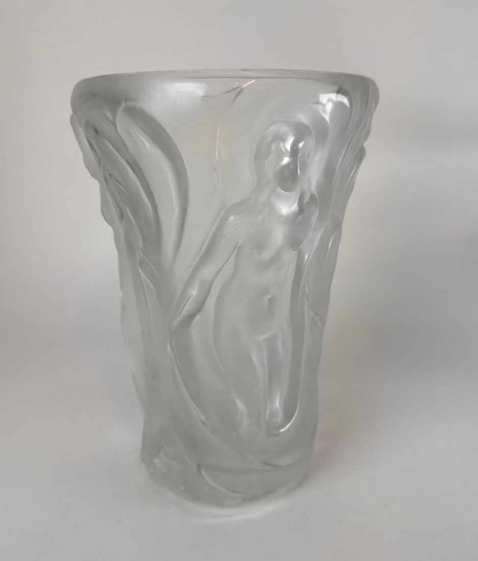 FROSTED ART GLASS VASE IN THE STYLE OF LALIQUE BACCHANTES (1 of 4)