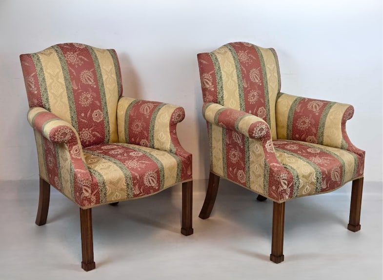 PAIR OF CHIPPENDALE STYLE UPHOLSTERED STRIPED DAMASK ARMCHAIRS (1 of 13)