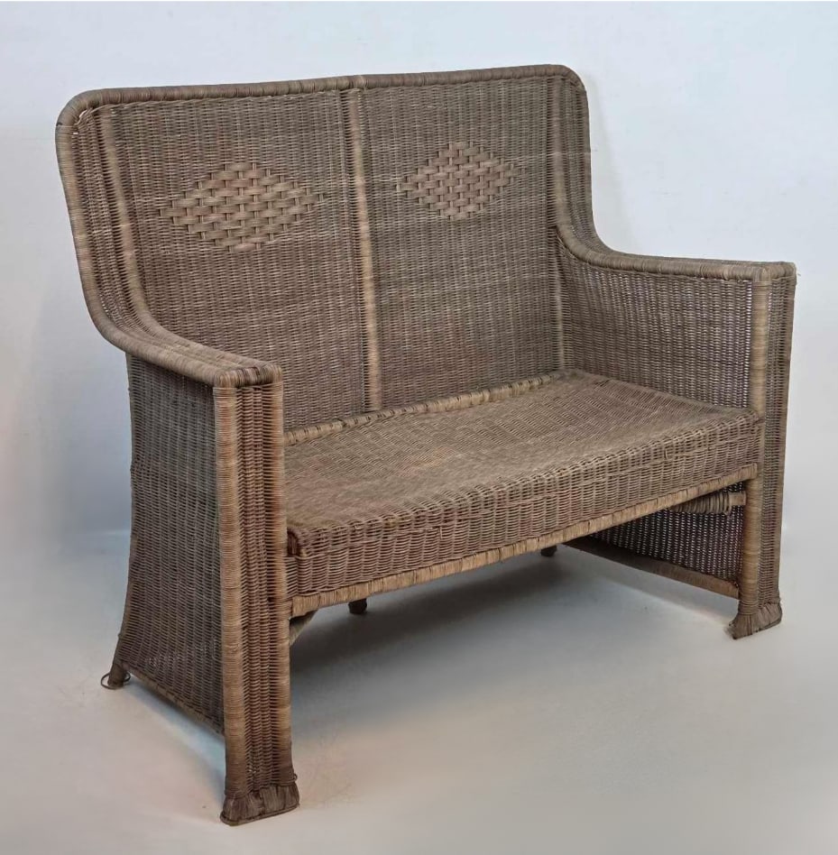 VINTAGE NATURAL WOVEN RATTAN HIGH-BACK SETTEE / HALL BENCH: *A classic high-back woven rattan settee featuring a tight wicker weave, curved arms, and decorative diamond-patterned accents on the backrest. Approximate Dimensions: 40"h x 49"w x 22"d