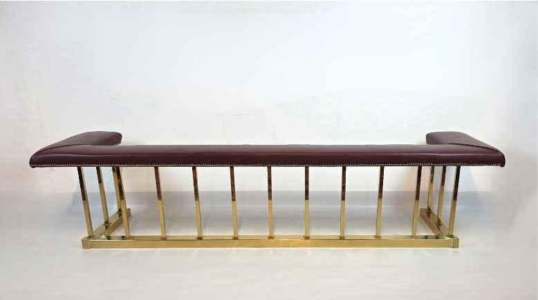 LARGE BRASS AND FAUX LEATHER FIREPLACE FENDER WITH NAIL HEAD DETAIL (1 of 16)