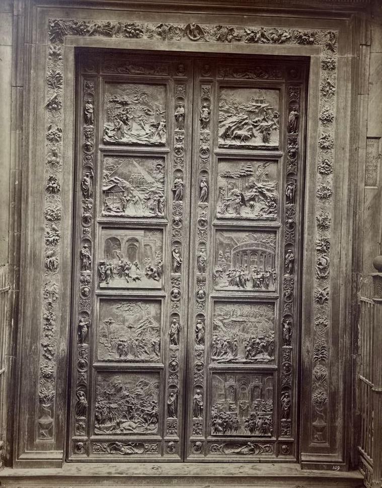 FRATELLI ALINARI FIRENZE ALBUMEN PRINT OF GHIBERTI DOORS: *Large 19th-century sepia-toned albumen photograph by Fratelli Alinari depicting the "Gates of Paradise" bronze baptistery doors by Lorenzo Ghiberti in Florence, Italy. Approximate