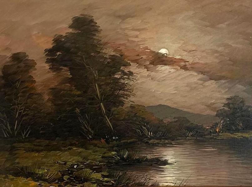 20TH CENTURY MODERNIST LUMINOUS MOONLIT RIVER LANDSCAPE OIL PAINTING (1 of 6)