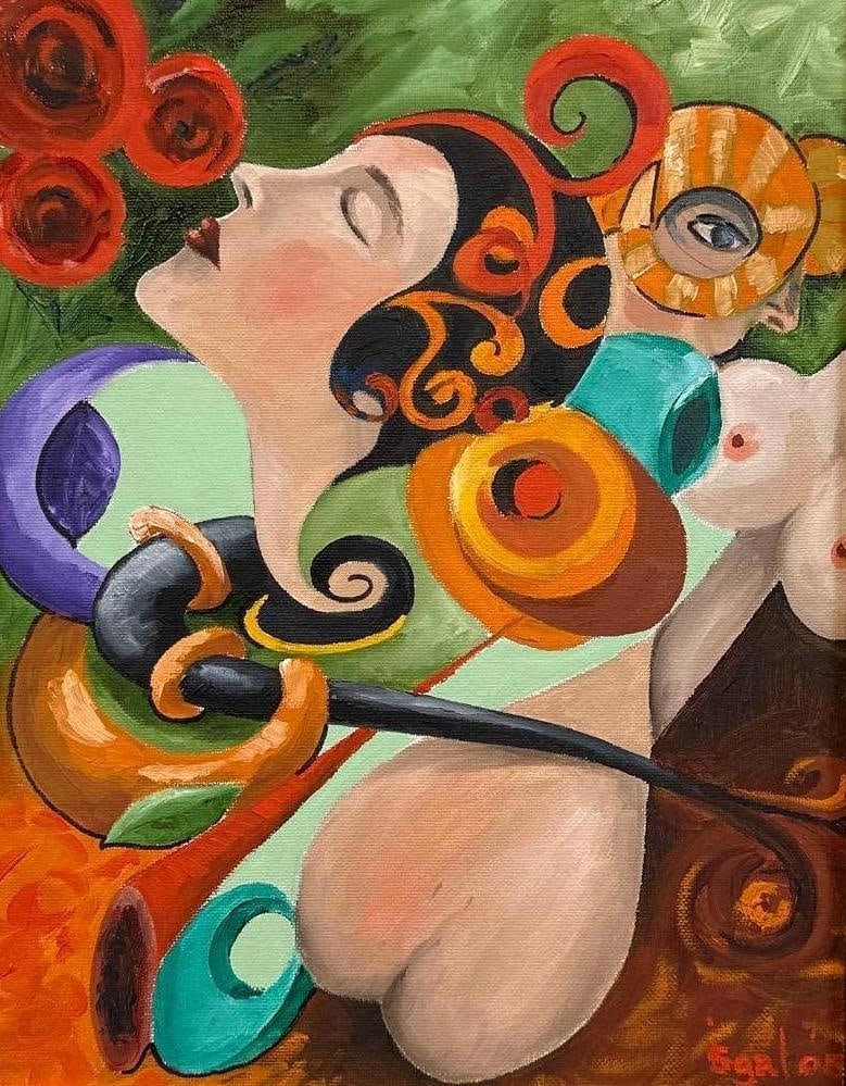 MODERN SURREALIST PORTRAIT OIL ON CANVAS: Contemporary oil painting on canvas depicting a stylized, dreamlike surrealist portrait of a woman in profile surrounded by organic forms, abstract faces, and bold graphic patterns, signed lower right