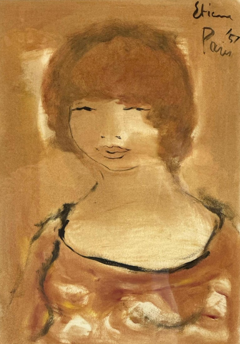 GEORGE ETIENE SIGNED GUACHE: Contemporary oil painting on canvas depicting a stylized, dreamlike surrealist portrait of a woman in profile surrounded by organic forms, abstract faces, and bold graphic patterns, signed lower right