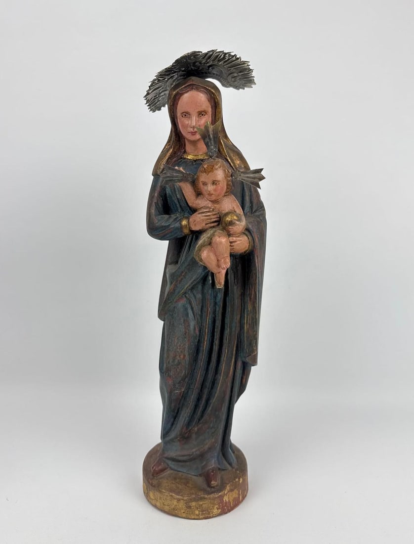 HAND-CARVED AND POLYCHROME WOOD MADONNA AND CHILD STATUE (1 of 7)