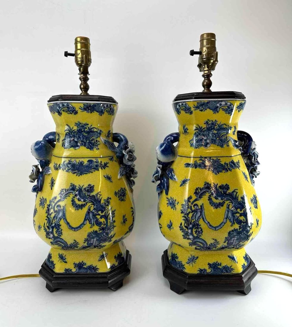 PAIR OF CHINESE YELLOW GROUND & BLUE PORCELAIN TABLE LAMPS (1 of 8)