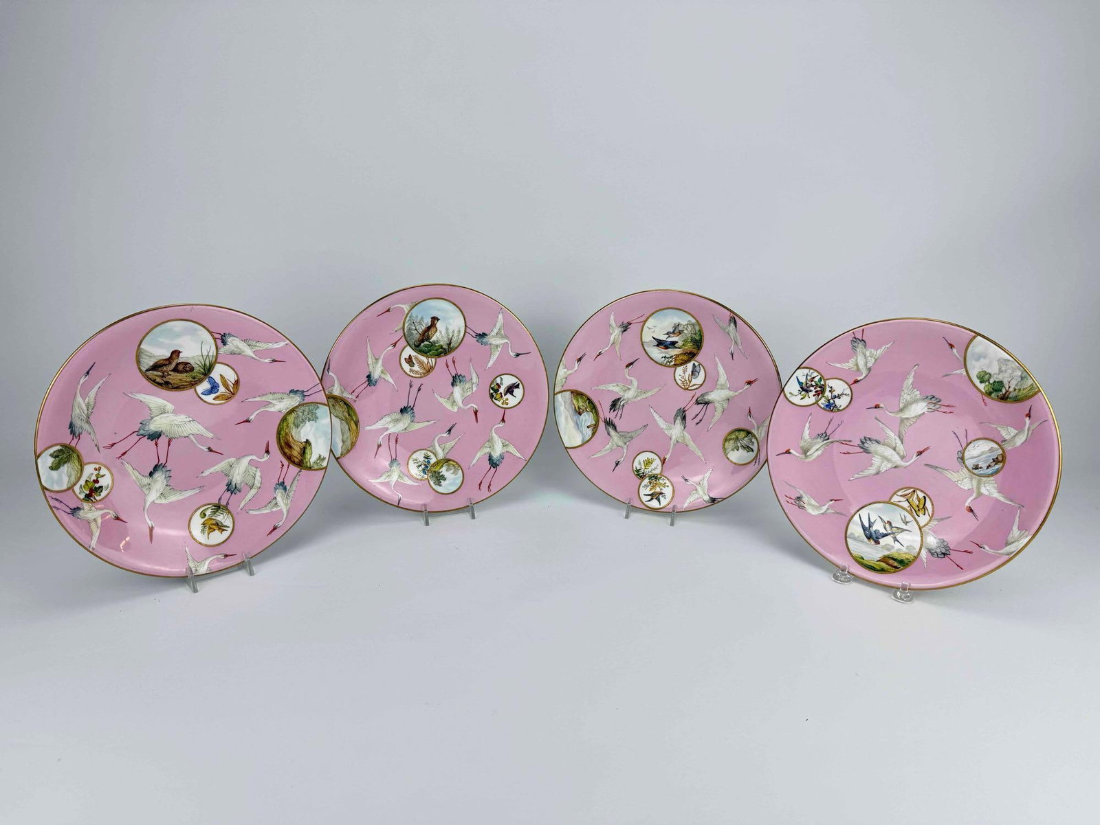 SET OF 4 ROYAL WORCESTER PINK AESTHETIC MOVEMENT CRANE PLATES (1 of 9)