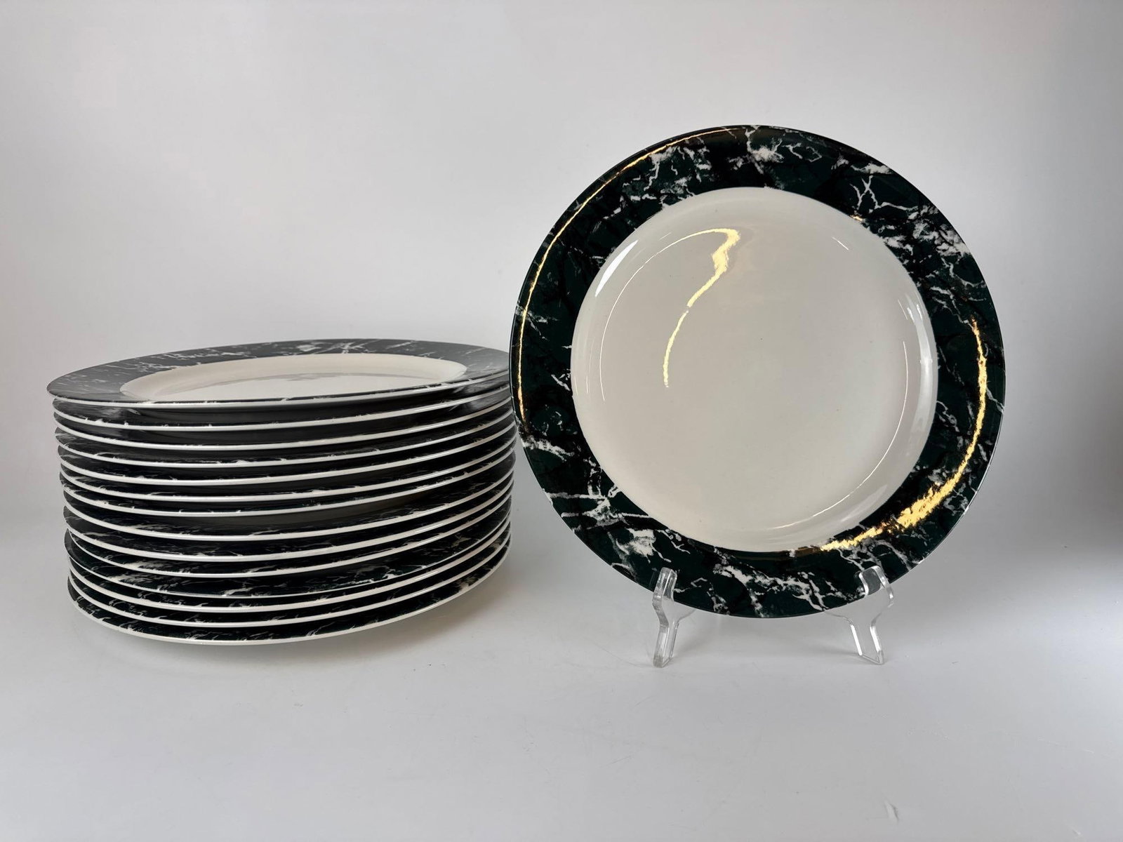 SET OF 16 VINTAGE STERLING CHINA WELLSVILLE OHIO 12" SERVICE PLATES: *Mid-century American-made commercial-grade vitrified china charger plates featuring a textured gray and black faux-marble pattern. Approximate Dimensions: 12": DIA Artist or Maker: Sterling China