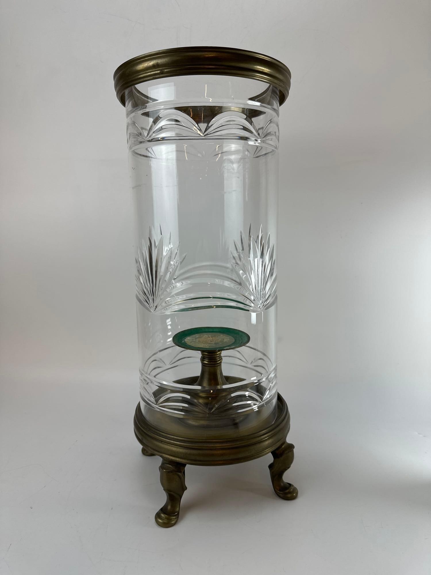 NEOCLASSICAL BRASS AND CUT GLASS HURRICANE CANDLE STAND (1 of 9)