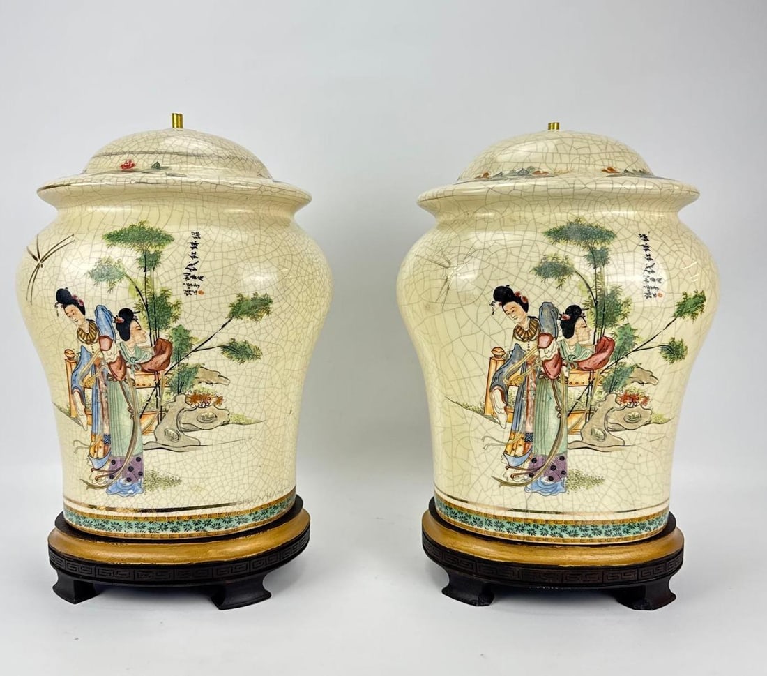 PAIR OF VINTAGE CHINESE FAMILLE VERTE STYLE PORCELAIN JARS MOUNTED AS LAMP BASES (1 of 8)