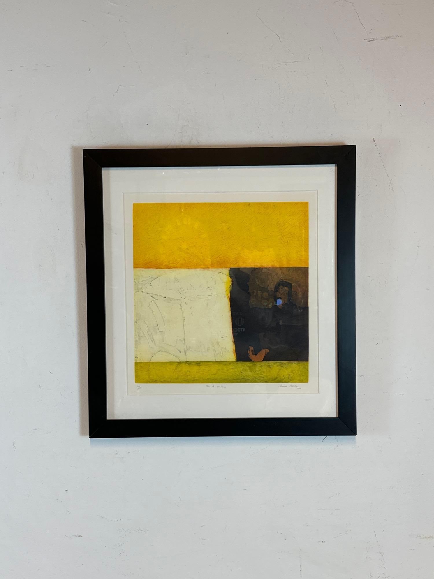 CHRISTIAN BOZON "TRAS LA VENTANA" SIGNED LITHOGRAPH: A 2010 limited edition modernist color lithograph titled "Tras la ventana" (Behind the Window) by French printmaker Christian Bozon, featuring an abstract composition rendered in rich yellow, 
