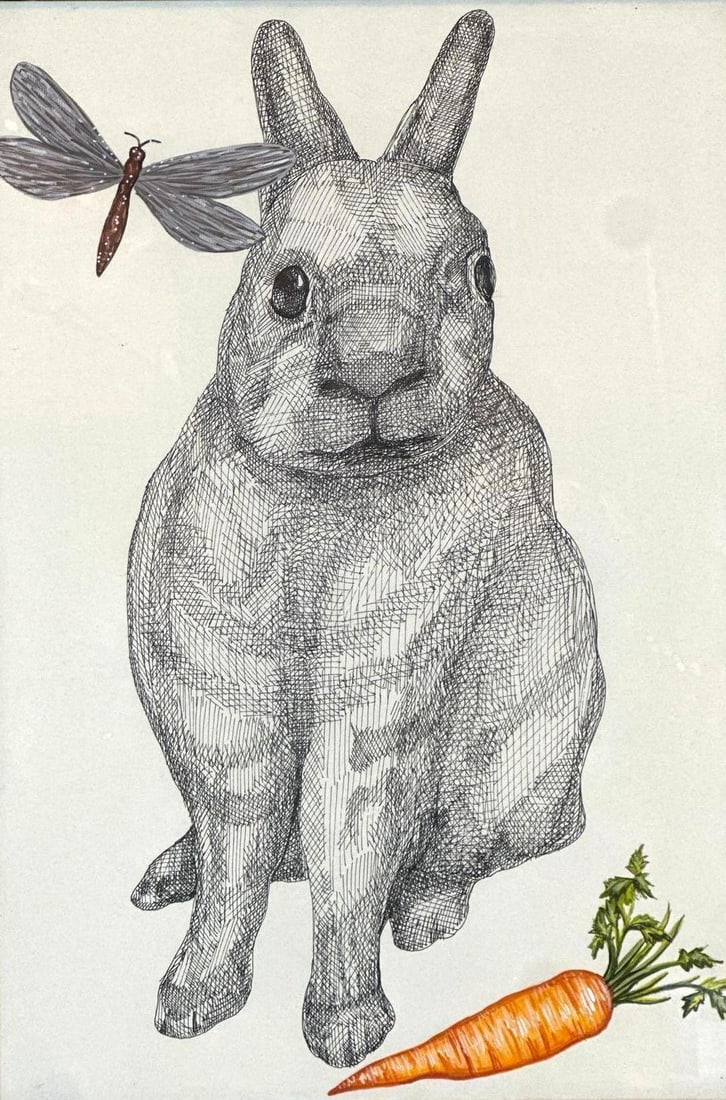 FRAMED WHIMSICAL PEN AND INK RABBIT ILLUSTRATION (1 of 8)