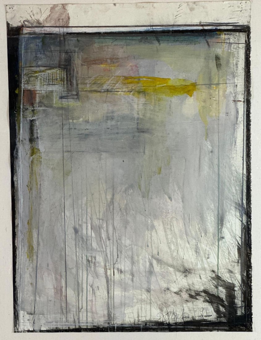 VINTAGE SIGNED ABSTRACT MIXED MEDIA ON PAPER: A large vintage contemporary abstract painting on paper combining mixed media techniques, including watercolor or acrylic washes, graphite lines, and expressive paint drips. Approximate Dimensions: 30