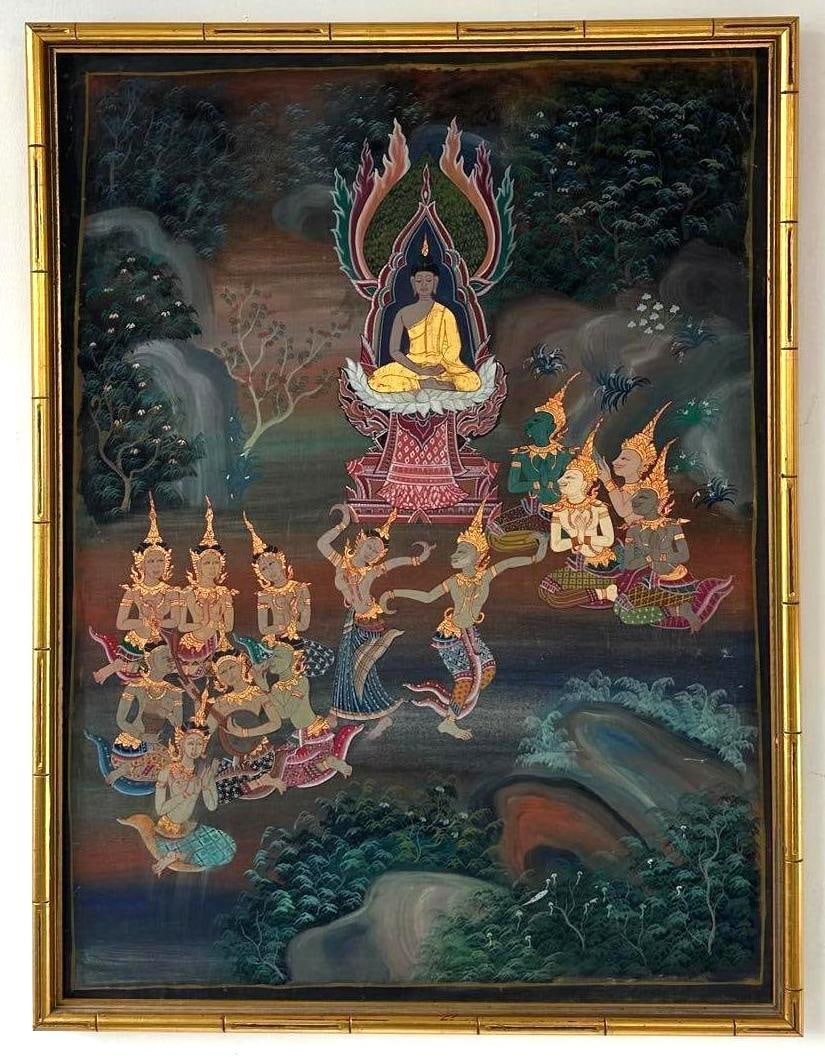 THAI SCHOOL BUDDHA JATAKA TALE GOUACHE PAINTING IN FAUX BAMBOO GILT FRAME (1 of 13)