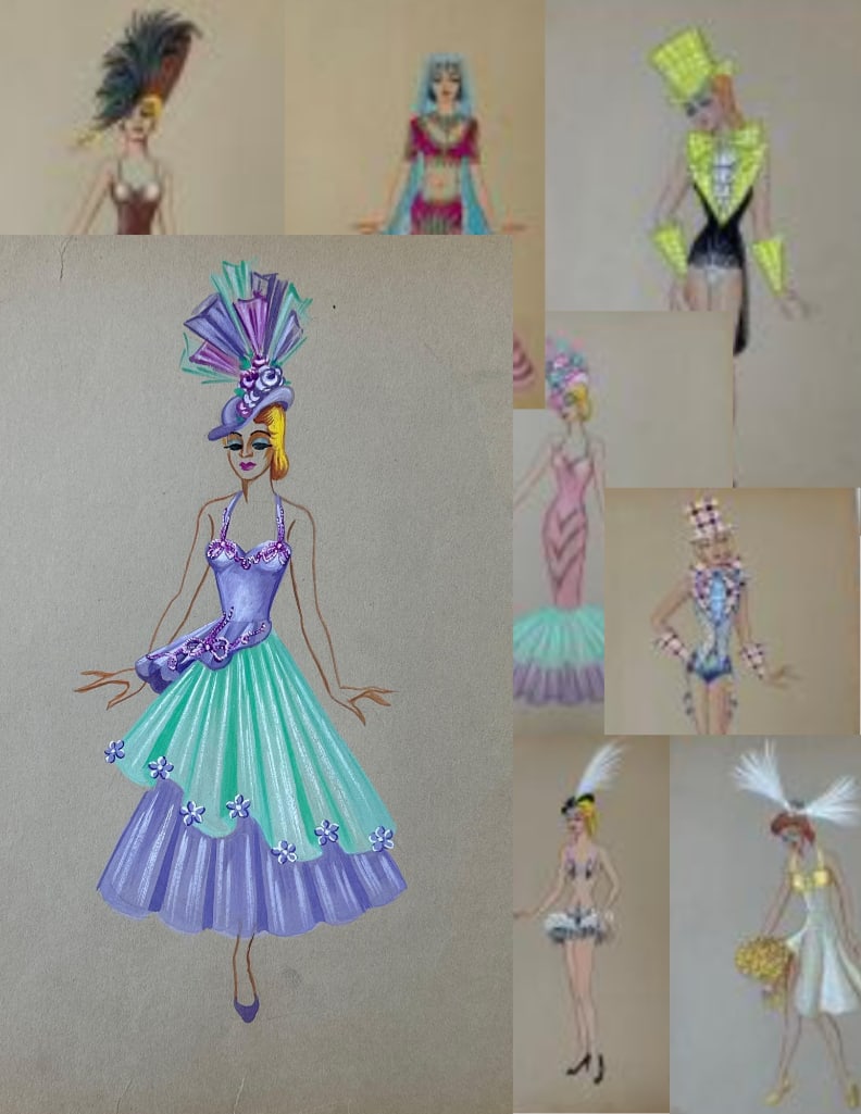 SET OF 8 VINTAGE SHOWGIRL COSTUME DESIGN ILLUSTRATIONS: Collection of hand-painted gouache and ink fashion sketches on paper depicting elaborate theatrical cabaret costumes with sequins and feathers Approximate Dimensions: 13” x 10” Artist or M