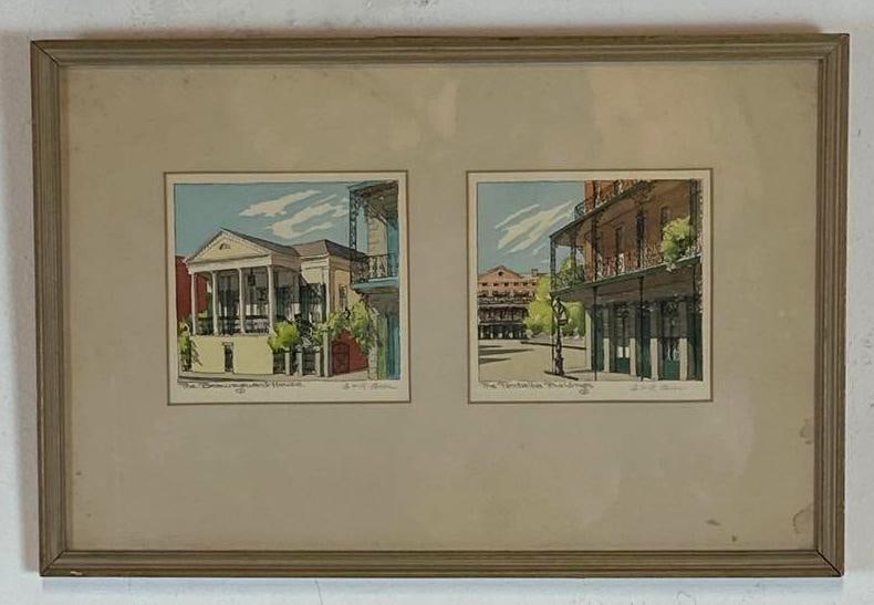 DORIS AND RICHARD BEER SIGNED ORIGINAL PAIR OF NEW ORLEANS WATERCOLOR PAINTINGS: A matted pair of original miniature watercolor and ink architectural paintings on paper individually titled "The Beauregard House" and "The Pontalba Buildings", hand-signed by artists 