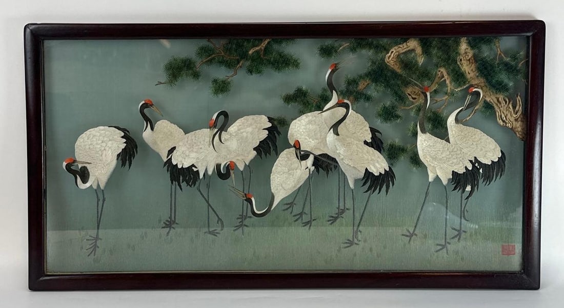 VINTAGE CHINESE SUZHOU DOUBLE-SIDED SILK EMBROIDERY OF RED CROWNED CRANES: Framed mid-century Chinese Su Xiu double-sided fine silk embroidery panel depicting a flock of red-crowned cranes beneath a pine tree branch, stamped with an embroidered red artist seal lower right, h