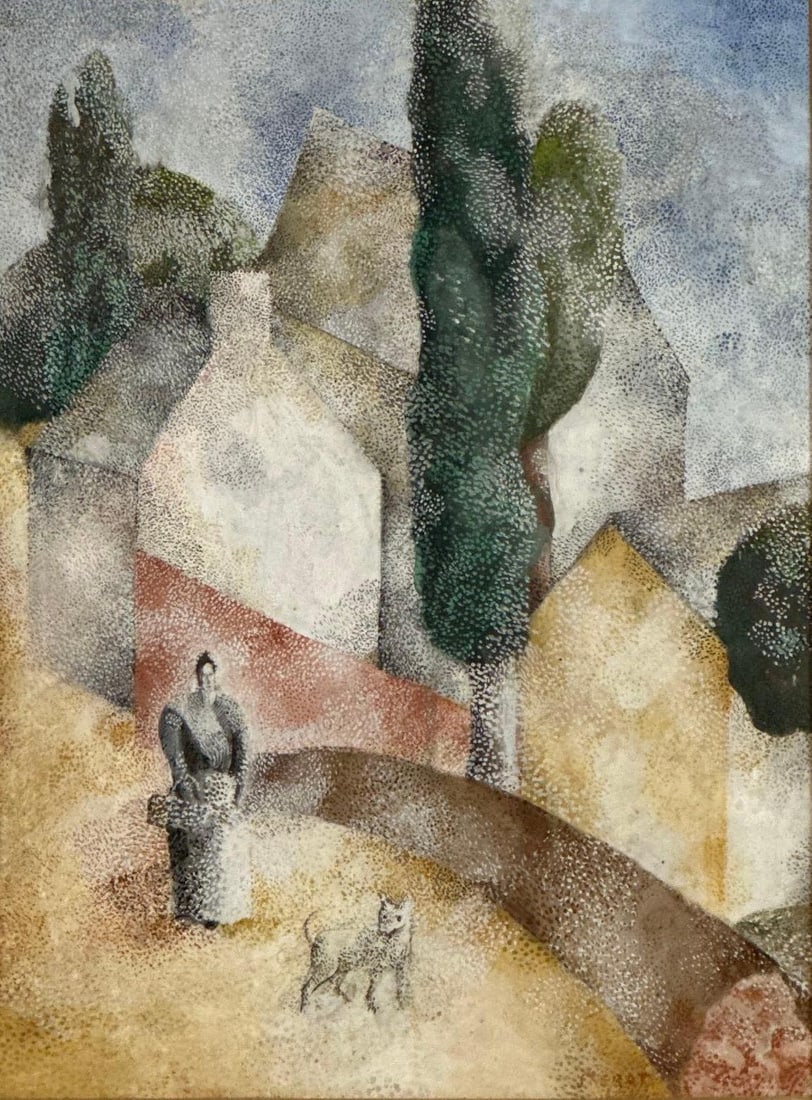 POINTILLIST GOUACHE PAINTING VILLAGE LANDSCAPE: A framed pointillist gouache on paper painting Approximate Dimensions: 12” x 9”; Frame 18”x 15” Artist or Maker: Unknown Provenance: From a New York Collector Notes: Although c