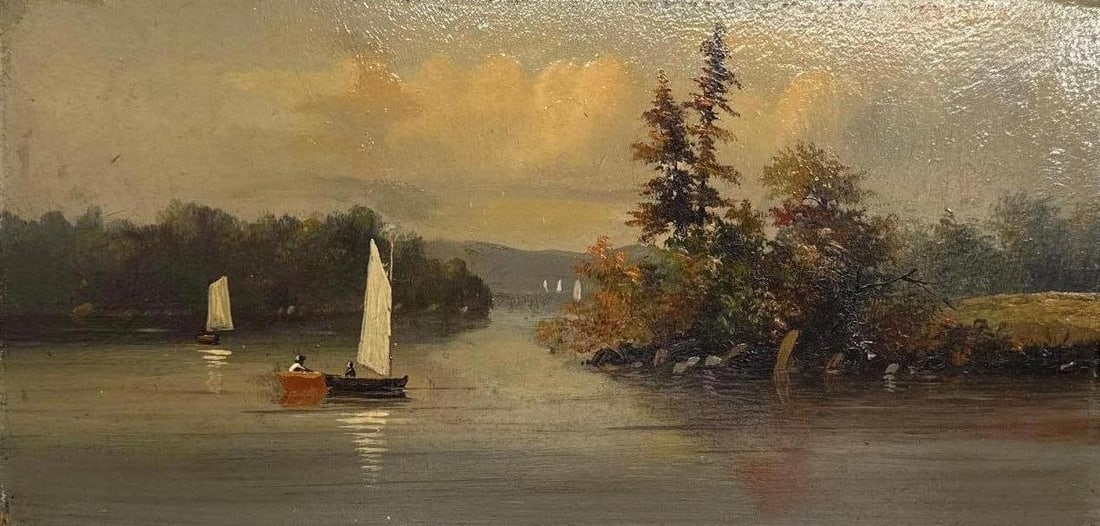 HIDSON RIVER SCHOOL OIL ON PANEL IN GILT FRAME BOATING SCENE (1 of 11)