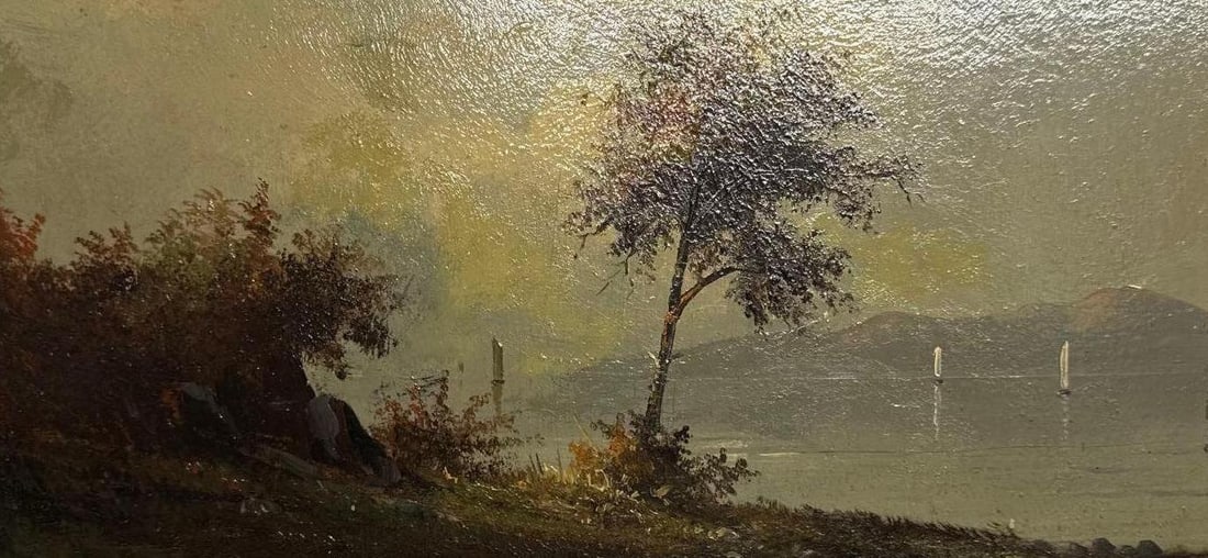 HIDSON RIVER SCHOOL OIL ON PANEL IN GILT FRAME SHORE SCENE (1 of 10)