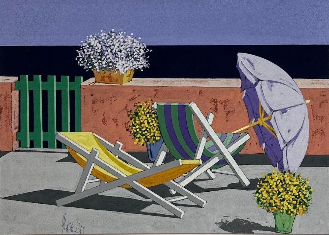 CONTEMPORARY ACRYLIC ON PAPER SIGNED BEACH SCENE: *Graphic contemporary painting on paper depicting empty beach chairs and a sun umbrella on a terrace overlooking the sea. Approximate Dimensions: 19” x 26.5”; Frame 20”x 27.5 A