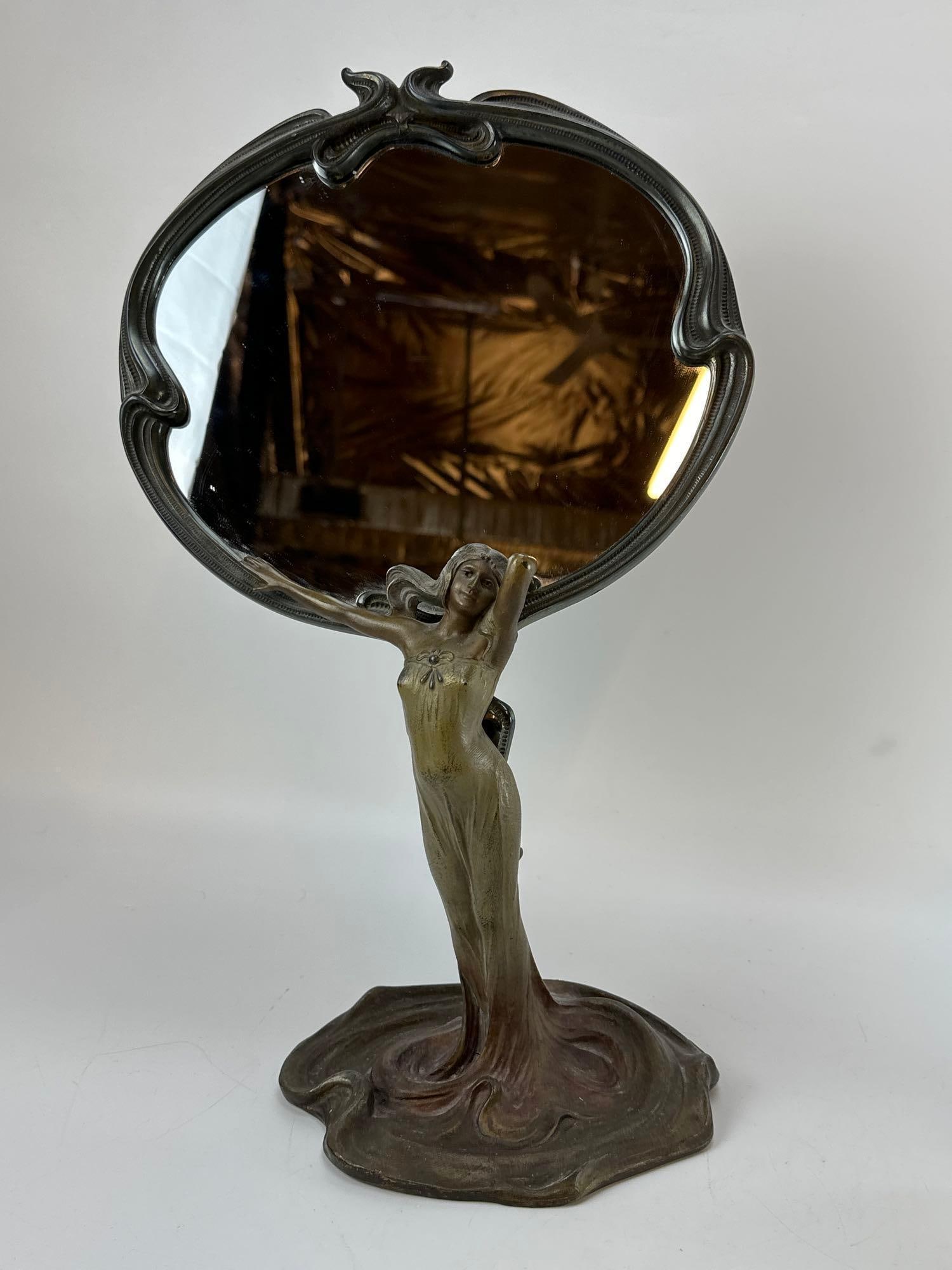 VINTAGE ART NOUVEAU STYLE CAST BRONZE FIGURAL MAIDEN TABLETOP VANITY MIRROR (1 of 8)