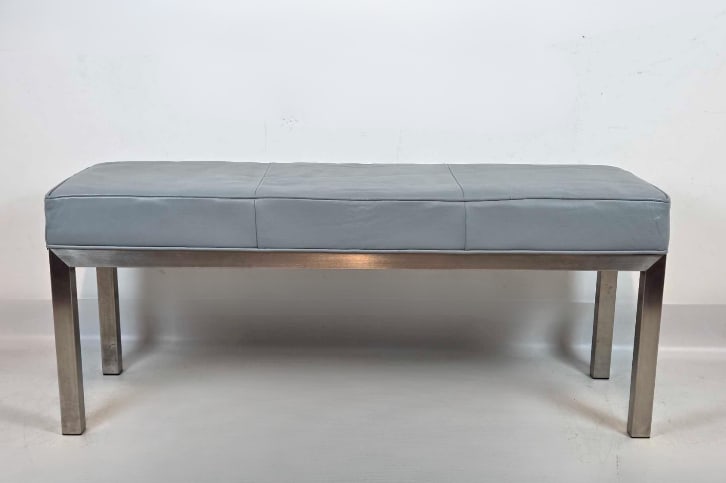 BRUSHED STEEL AND GREY LEATHER UPHOLSTERED BENCH IN THE MANNER OF FLORENCE (1 of 9)