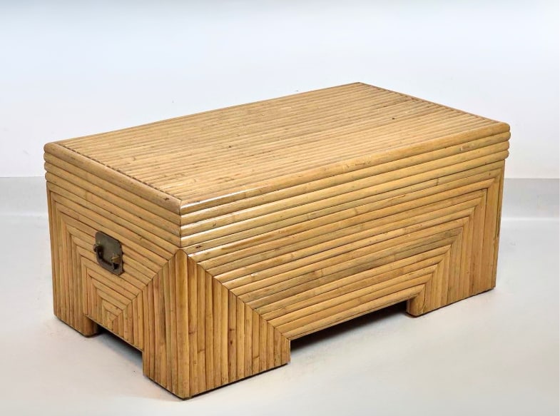VINTAGE MODERN SPLIT RATTAN AND BAMBOO COFFEE TABLE TRUNK IN THE MANNER OF GABRIELLA CRESPI (1 of 11)