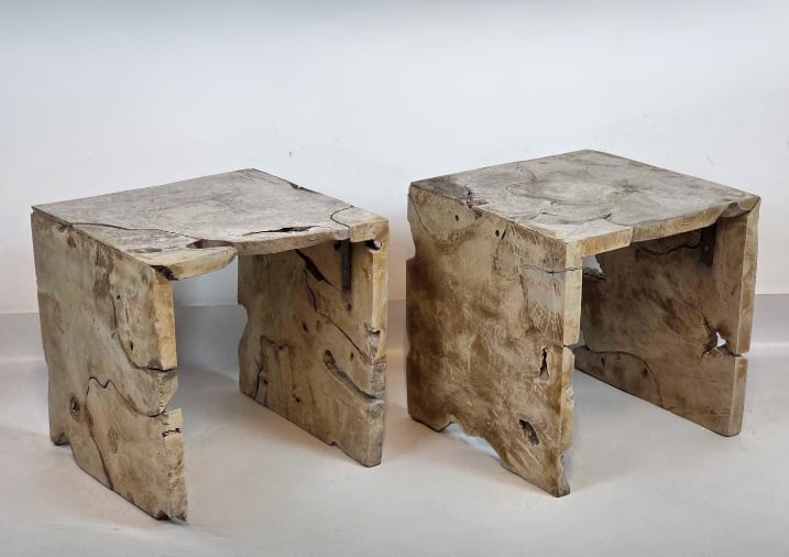 PAIR OF ORGANIC MODERNIST WEATHERED TEAK ROOT SLAB CUBE SIDE TABLES (1 of 11)