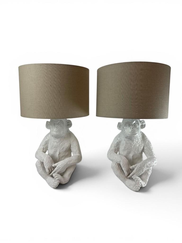 PAIR HOLLYWOOD REGENCY WHITE MONKEY LAMPS WITH LINEN DRUM SHADES, TAHANNY, MAITLAND SMITH STYLE (1 of 11)